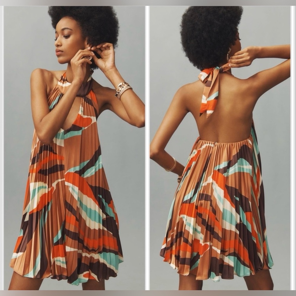 ANTHROPOLOGIE HUTCH HALTER PLEATED SWING MINI DRESS M & XXS BROWN MOTIF NWT